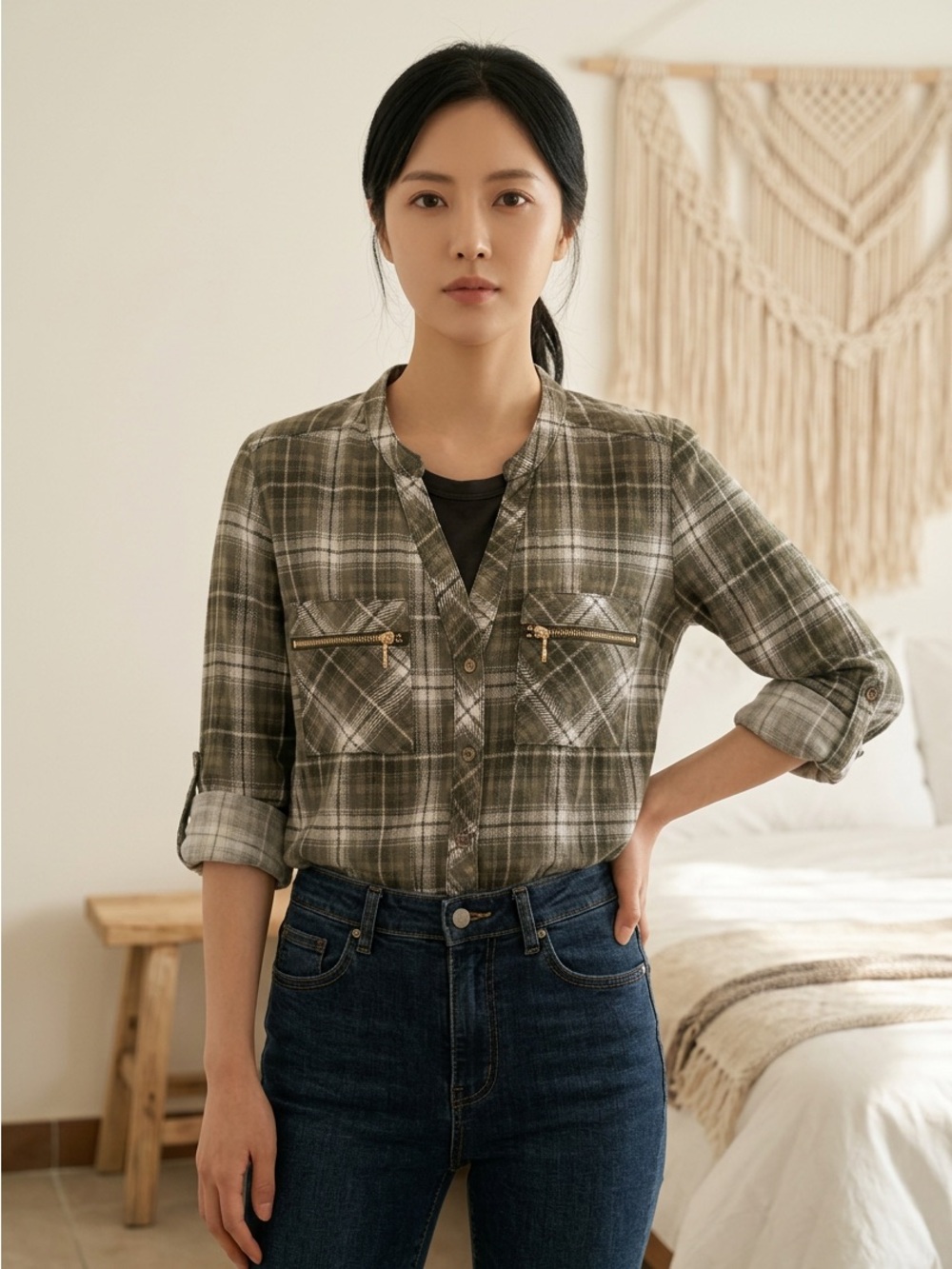 Eden & Olivia Olive Plaid Button-Front Shirt